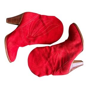 Red Suede Ankle Booties - Women's Stylish Western-Inspired Boots